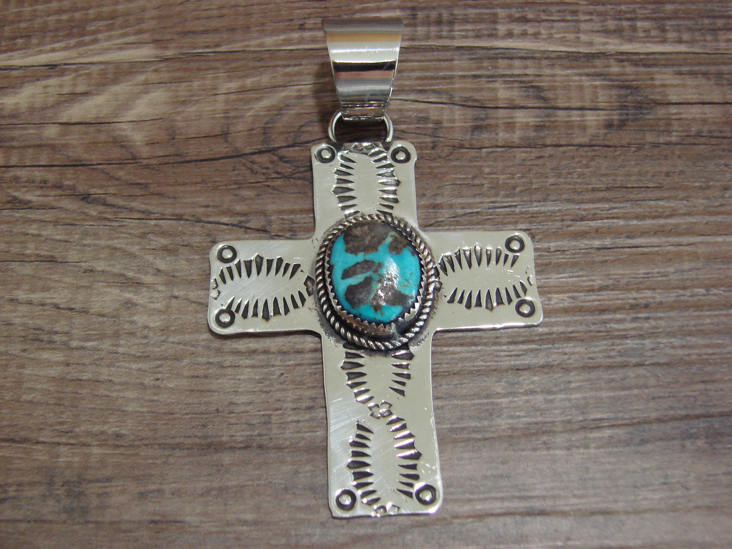Large Navajo Nickel Silver & Turquoise Cross Pendant - Cleveland