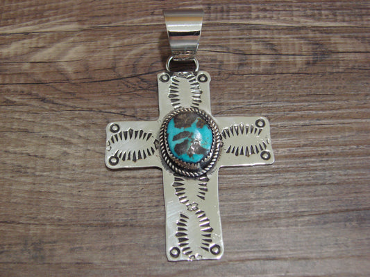 Large Navajo Nickel Silver & Turquoise Cross Pendant - Cleveland