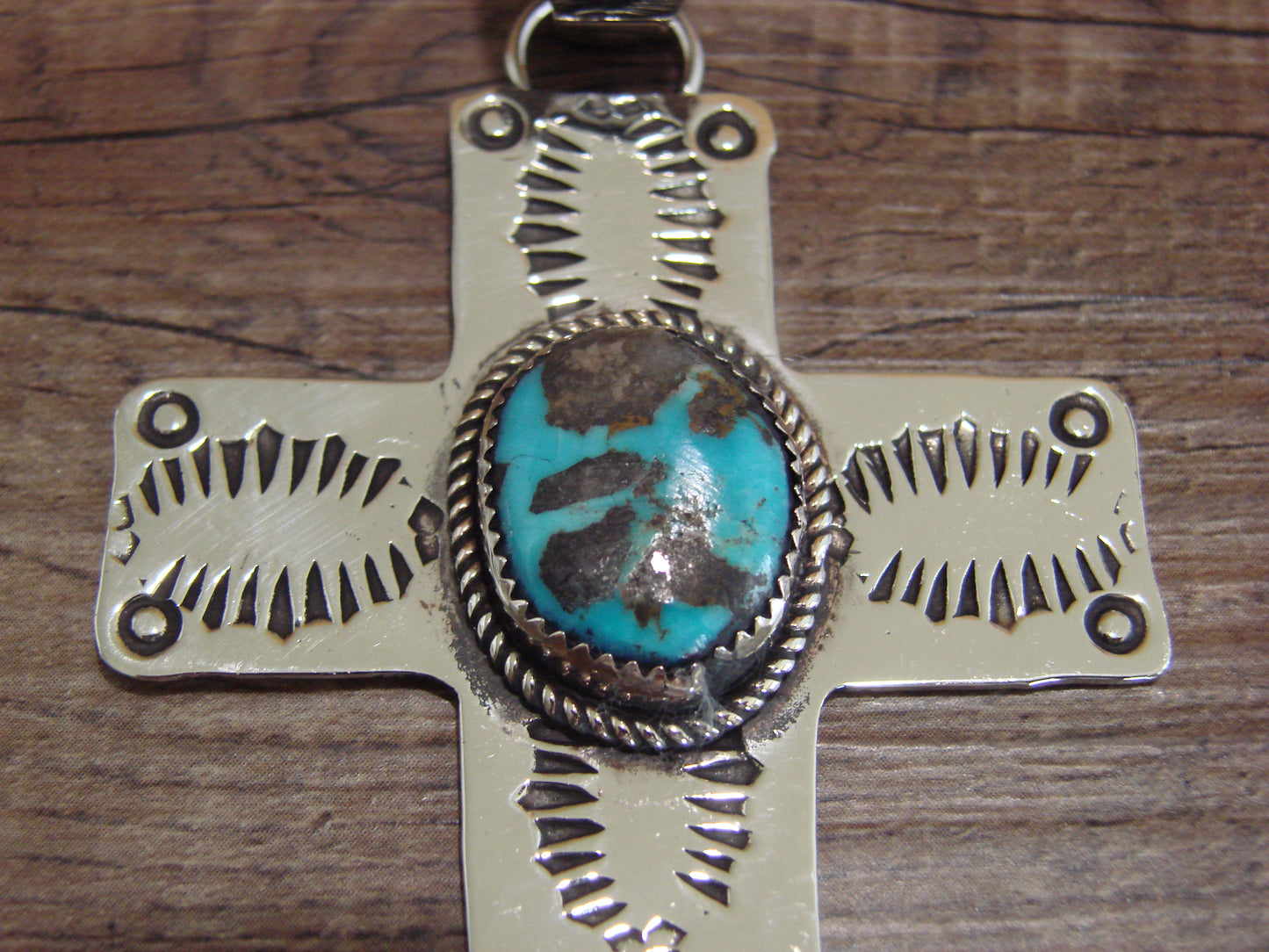 Large Navajo Nickel Silver & Turquoise Cross Pendant - Cleveland