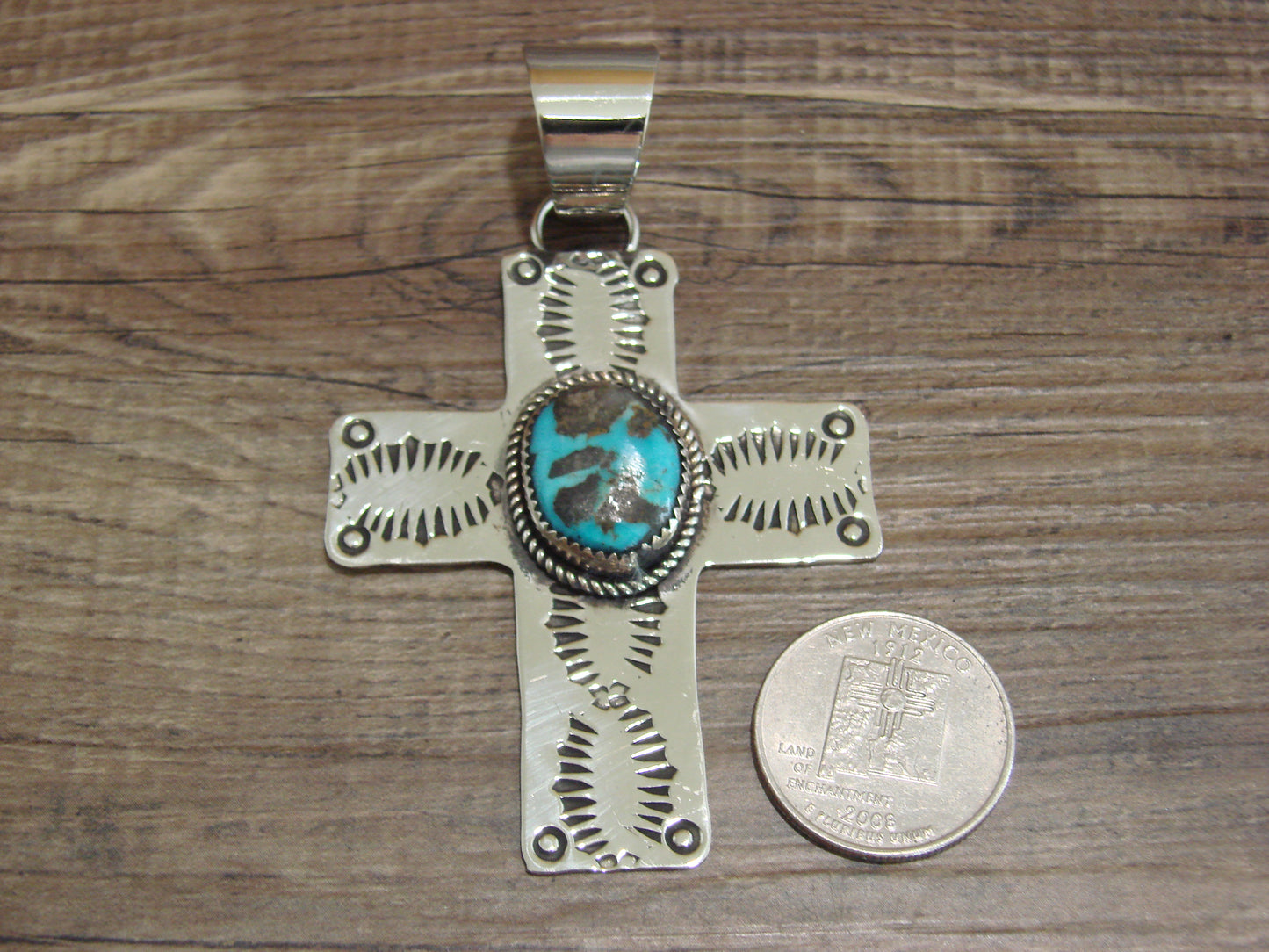 Large Navajo Nickel Silver & Turquoise Cross Pendant - Cleveland