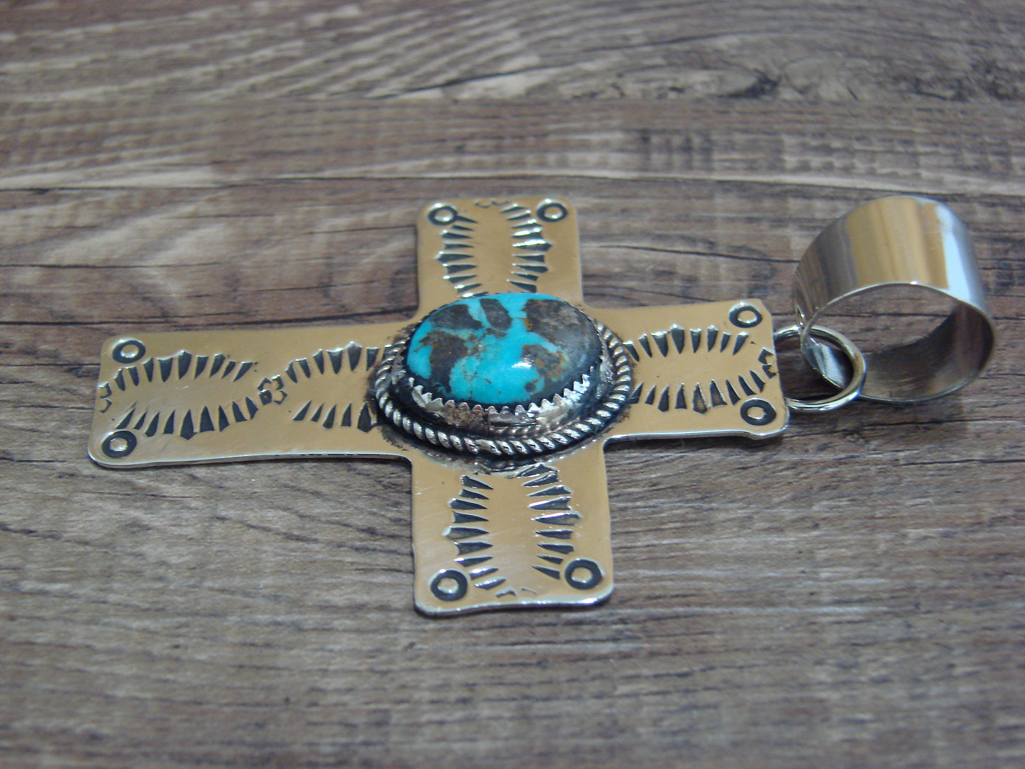 Large Navajo Nickel Silver & Turquoise Cross Pendant - Cleveland