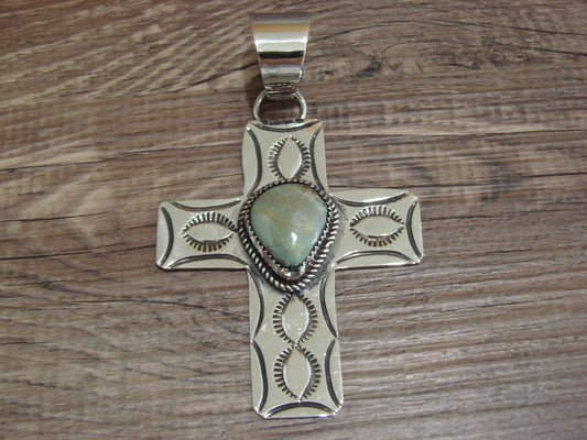 Large Navajo Nickel Silver & Turquoise Cross Pendant - Cleveland