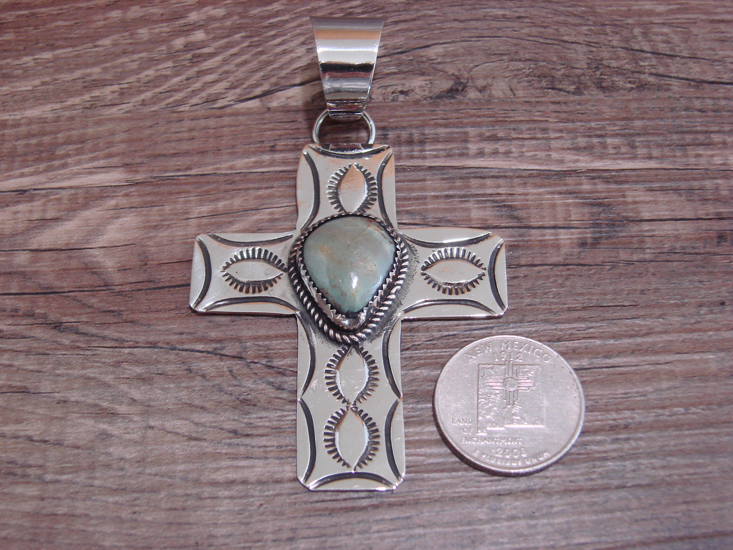 Large Navajo Nickel Silver & Turquoise Cross Pendant - Cleveland