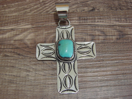 Large Navajo Nickel Silver & Turquoise Cross Pendant - Cleveland