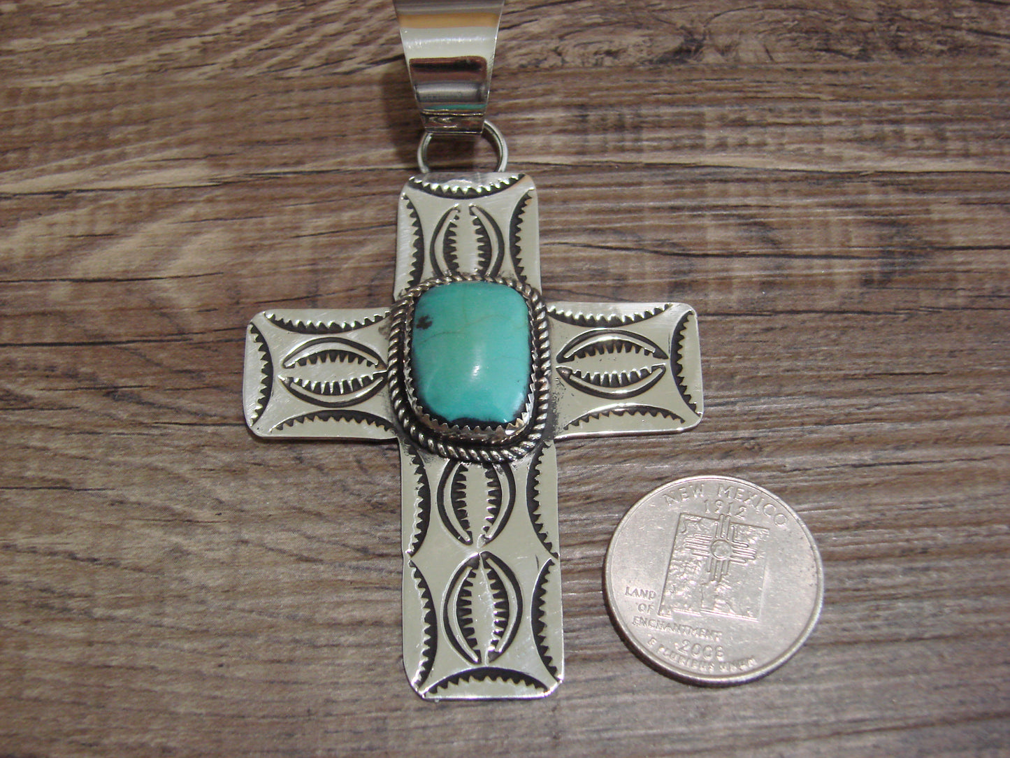 Large Navajo Nickel Silver & Turquoise Cross Pendant - Cleveland
