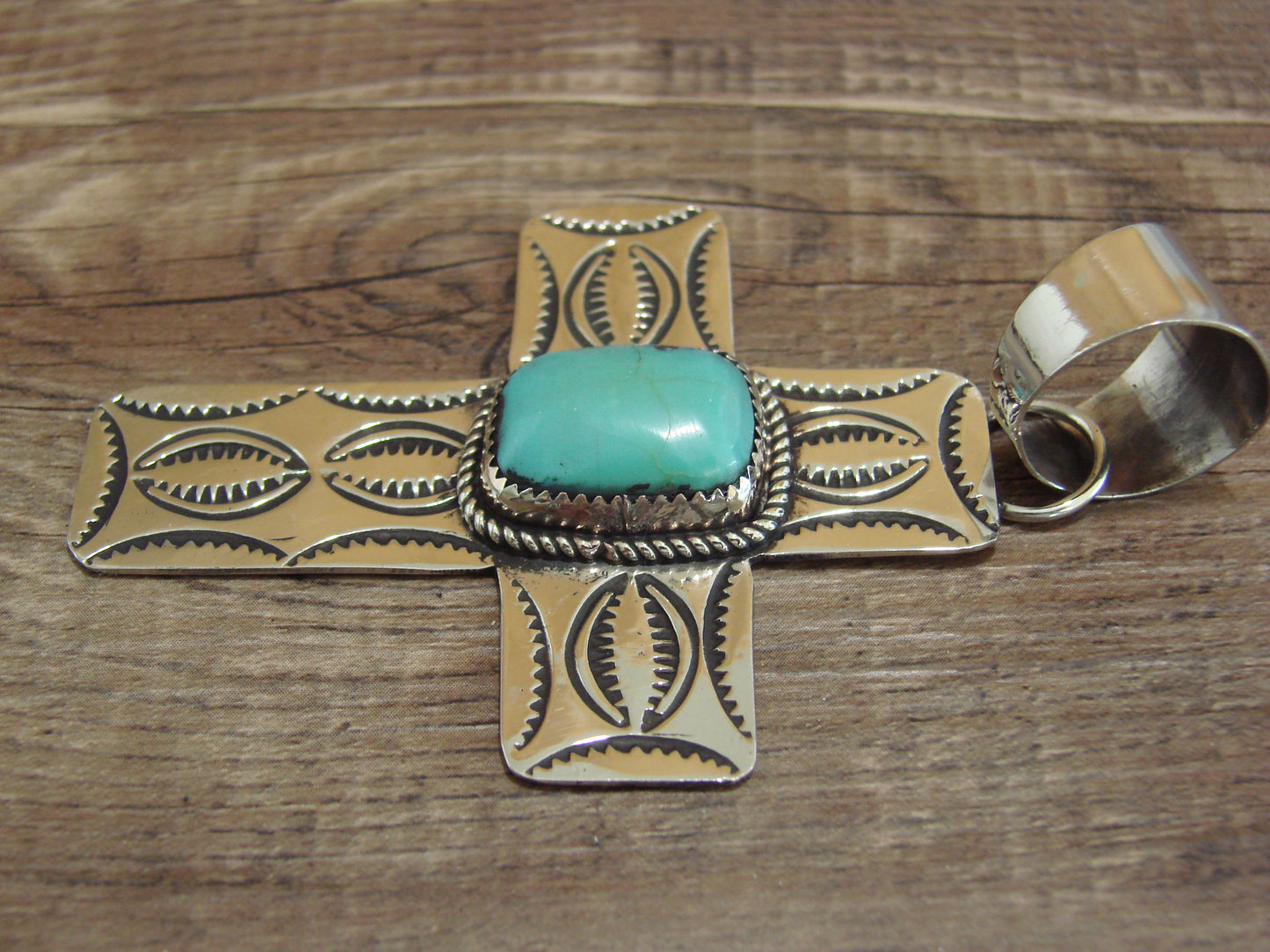 Large Navajo Nickel Silver & Turquoise Cross Pendant - Cleveland