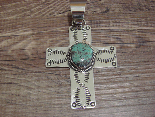 Large Navajo Nickel Silver & Turquoise Cross Pendant - Cleveland
