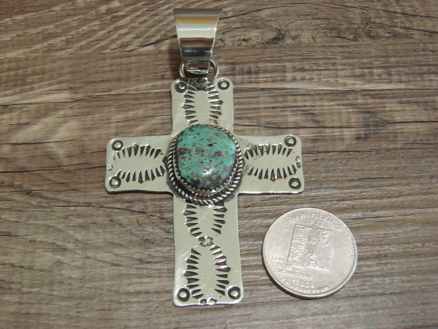 Large Navajo Nickel Silver & Turquoise Cross Pendant - Cleveland