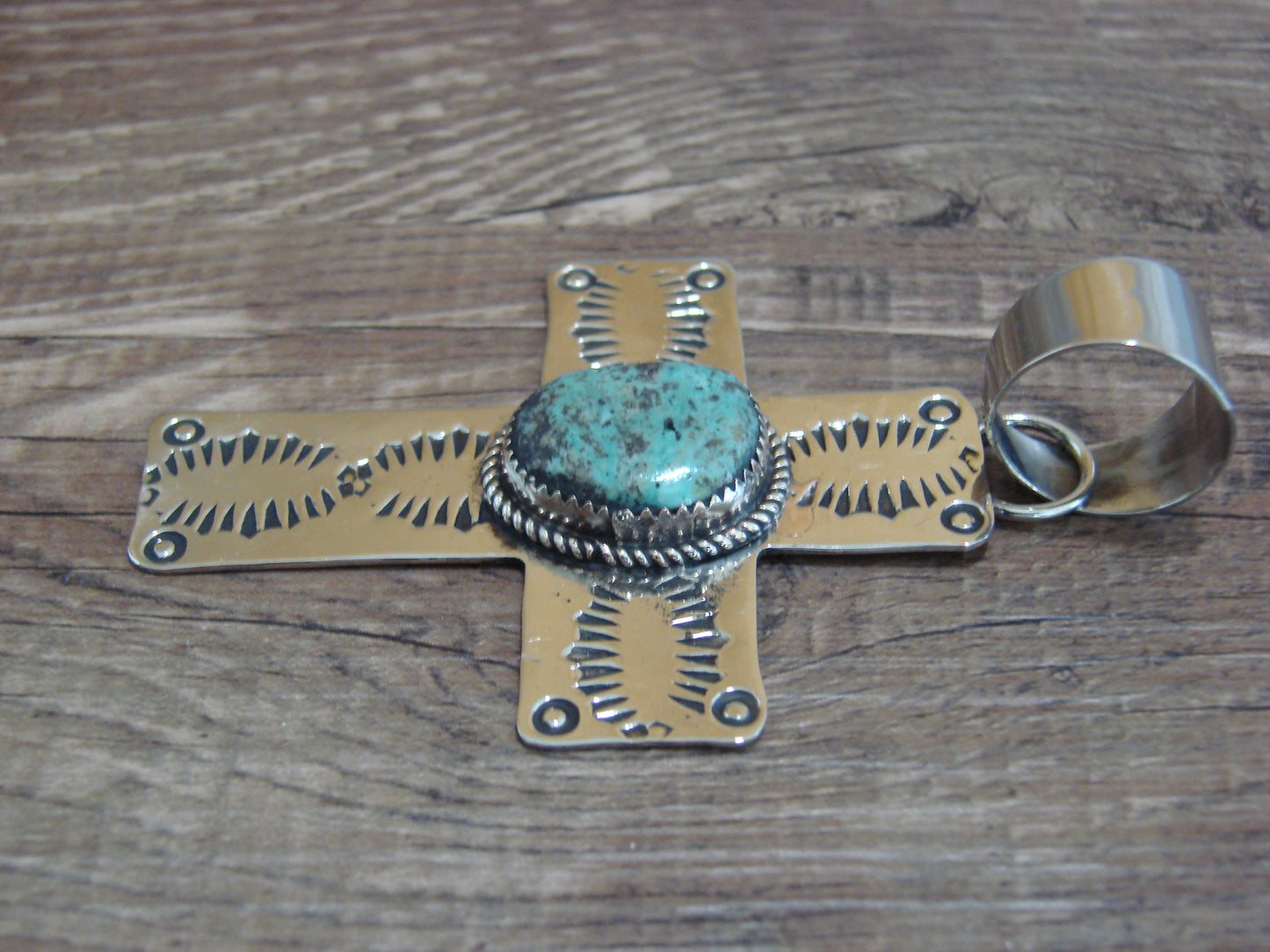 Large Navajo Nickel Silver & Turquoise Cross Pendant - Cleveland