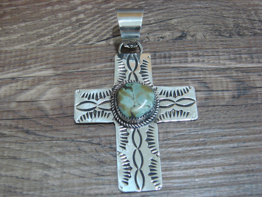 Large Navajo Nickel Silver & Turquoise Cross Pendant - Cleveland
