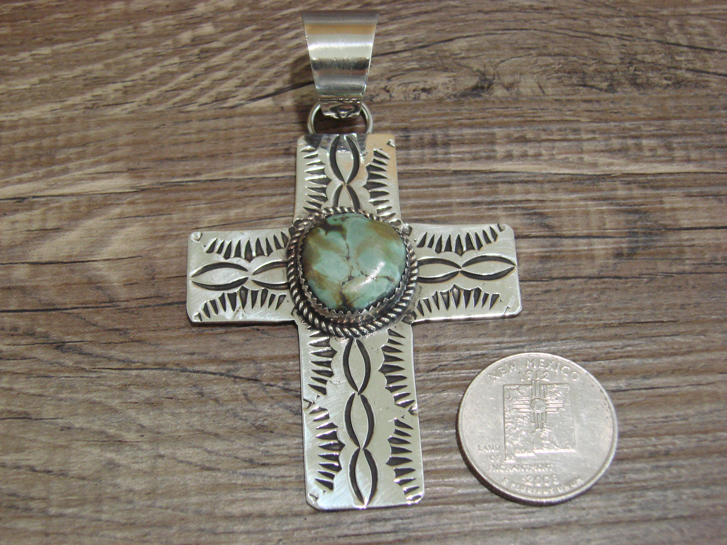 Large Navajo Nickel Silver & Turquoise Cross Pendant - Cleveland