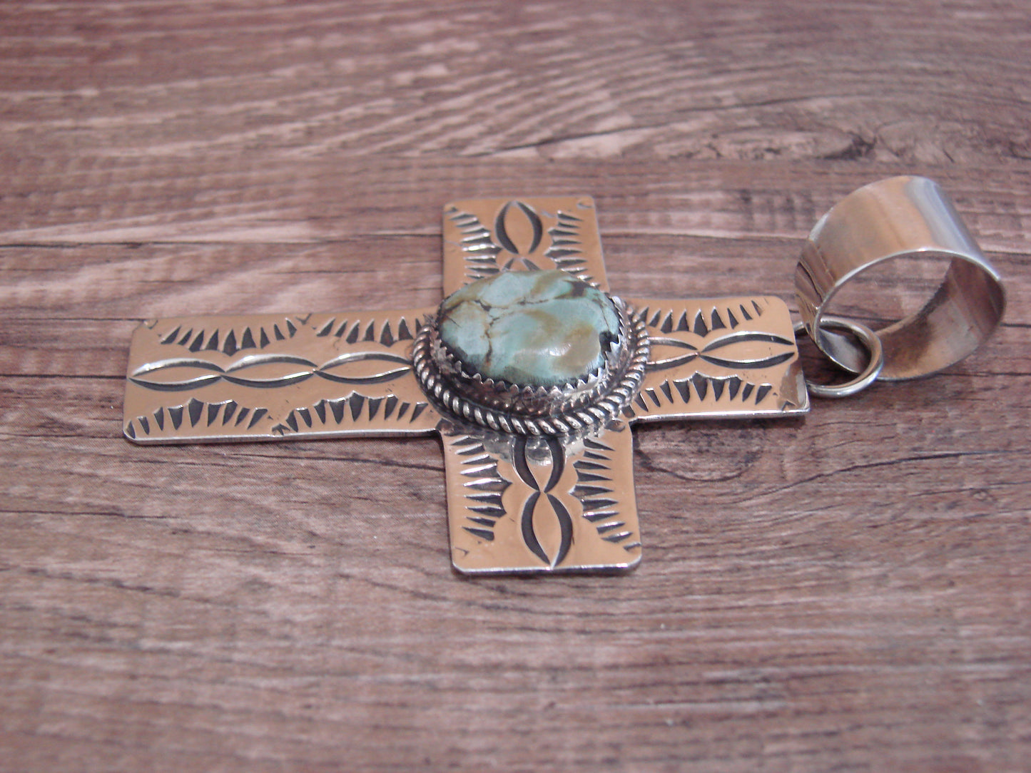 Large Navajo Nickel Silver & Turquoise Cross Pendant - Cleveland