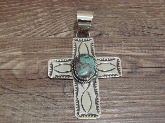 Large Navajo Nickel Silver & Turquoise Cross Pendant - Cleveland