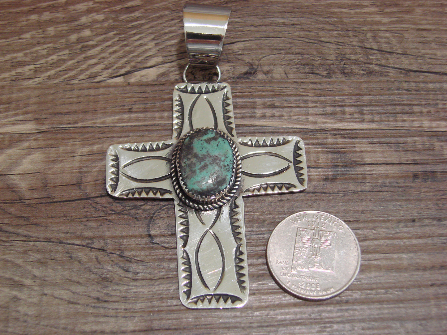Large Navajo Nickel Silver & Turquoise Cross Pendant - Cleveland
