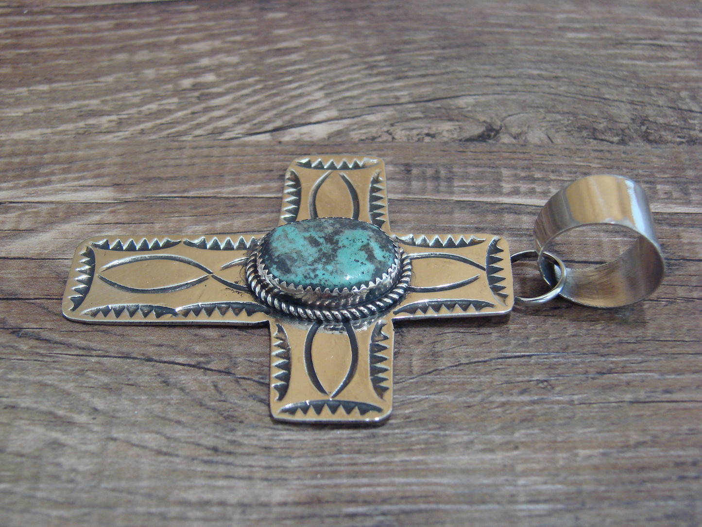 Large Navajo Nickel Silver & Turquoise Cross Pendant - Cleveland