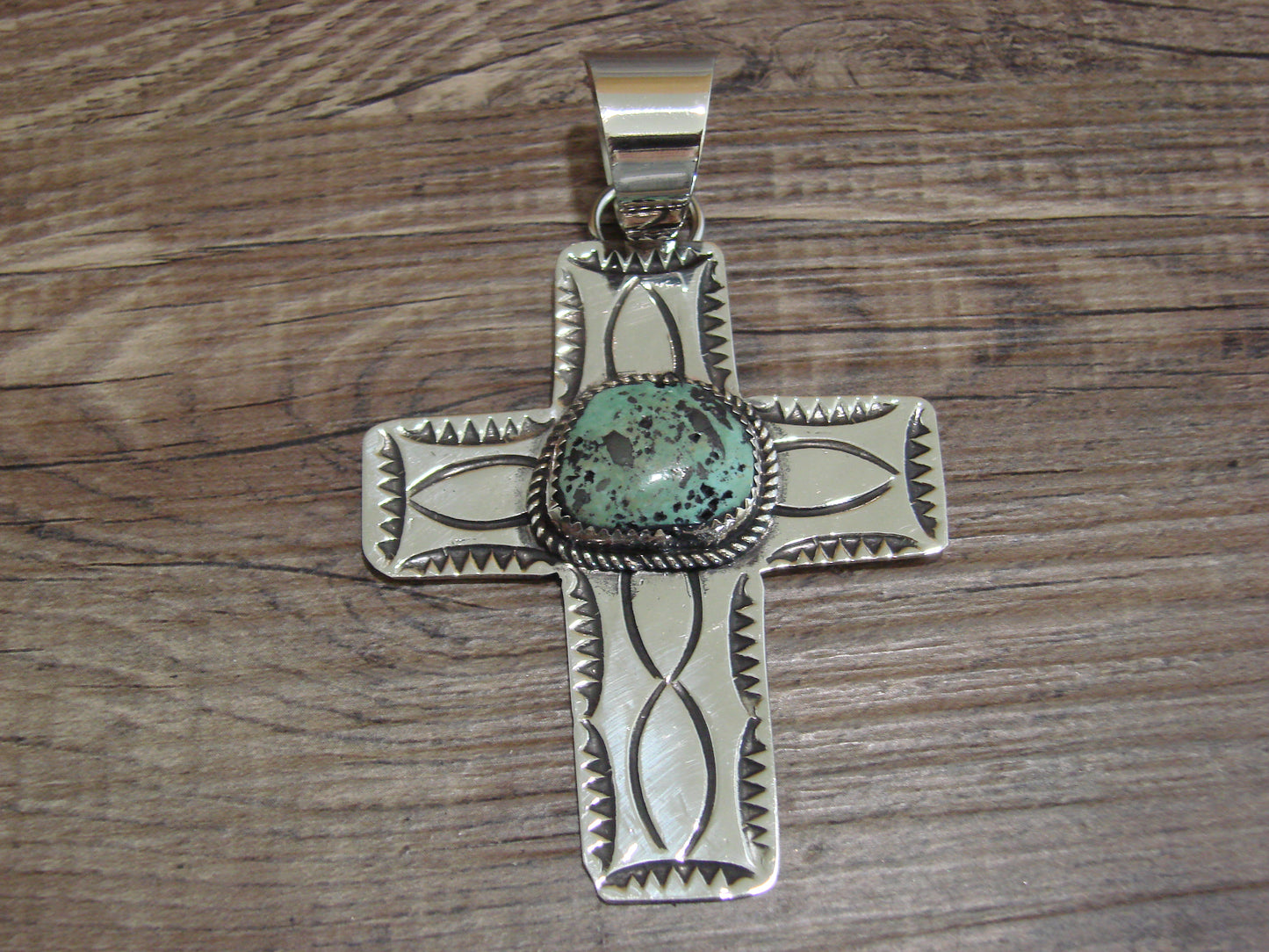 Large Navajo Nickel Silver & Turquoise Cross Pendant - Cleveland