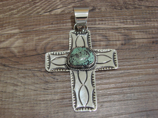 Large Navajo Nickel Silver & Turquoise Cross Pendant - Cleveland