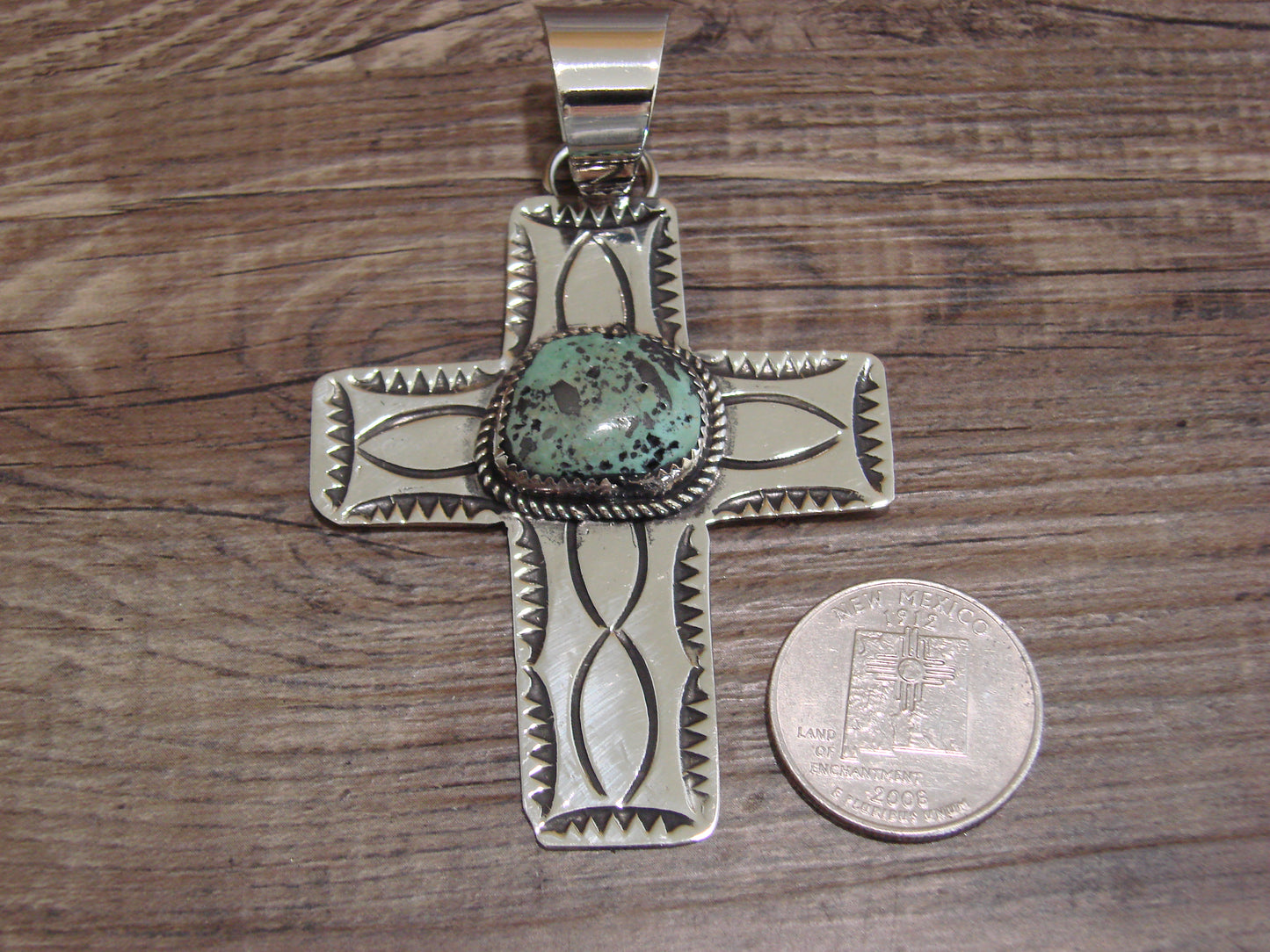 Large Navajo Nickel Silver & Turquoise Cross Pendant - Cleveland