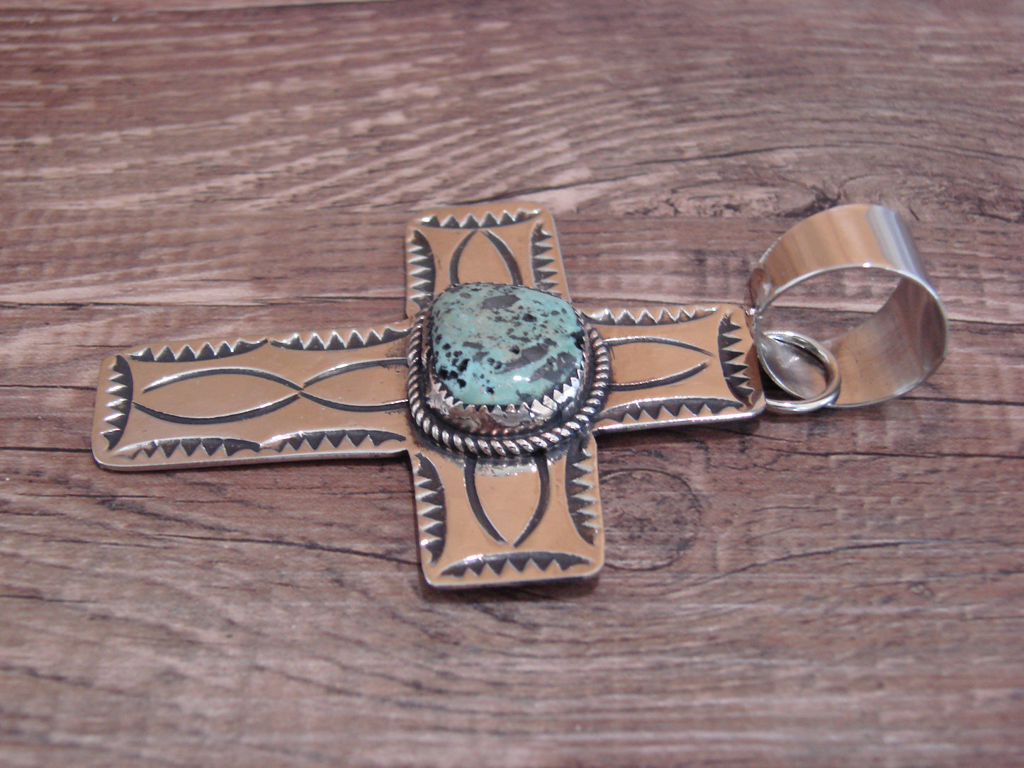 Large Navajo Nickel Silver & Turquoise Cross Pendant - Cleveland