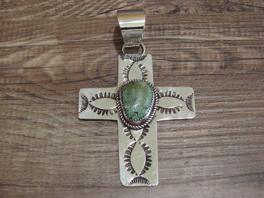 Large Navajo Nickel Silver & Turquoise Cross Pendant - Cleveland