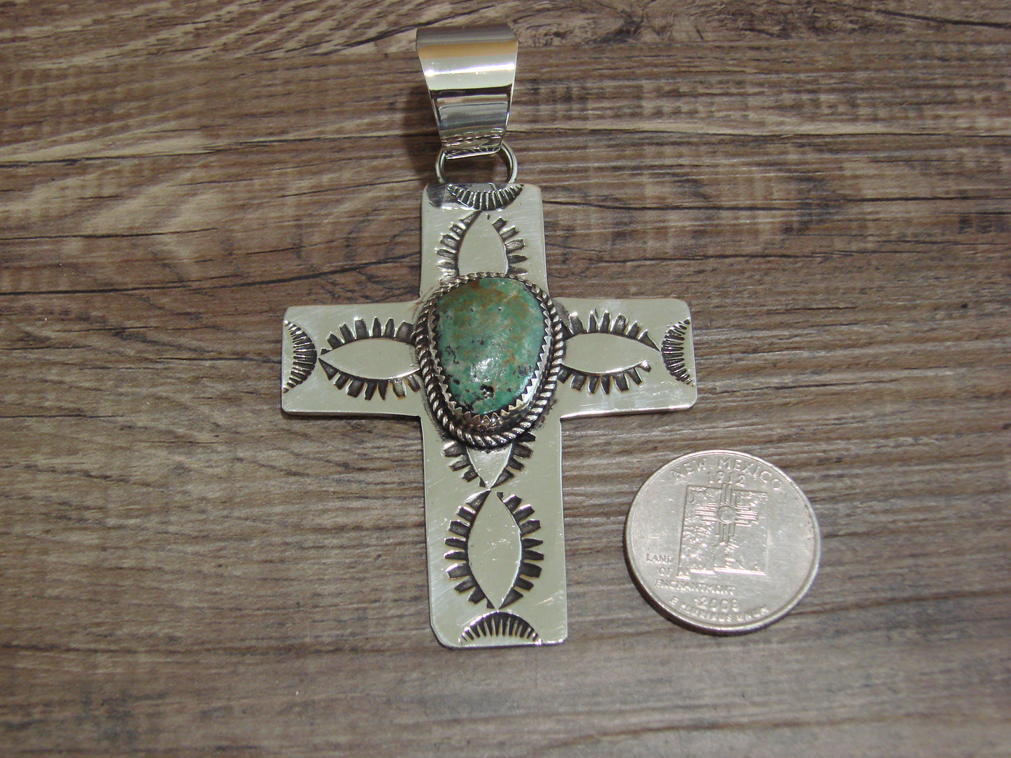 Large Navajo Nickel Silver & Turquoise Cross Pendant - Cleveland