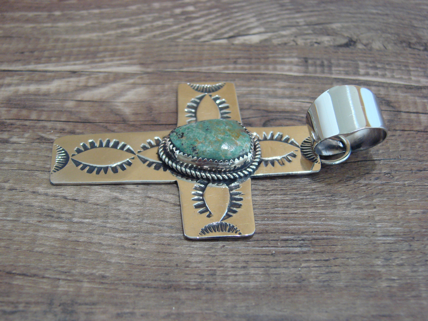 Large Navajo Nickel Silver & Turquoise Cross Pendant - Cleveland