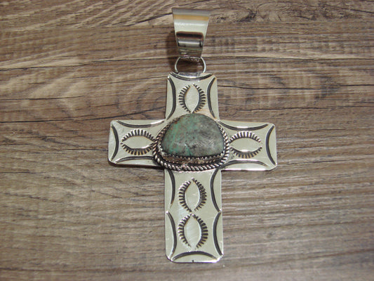 Large Navajo Nickel Silver & Turquoise Cross Pendant - Cleveland