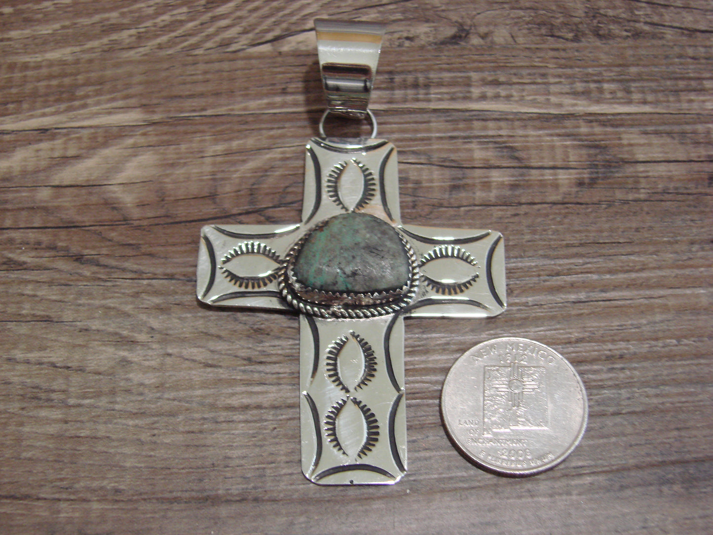 Large Navajo Nickel Silver & Turquoise Cross Pendant - Cleveland