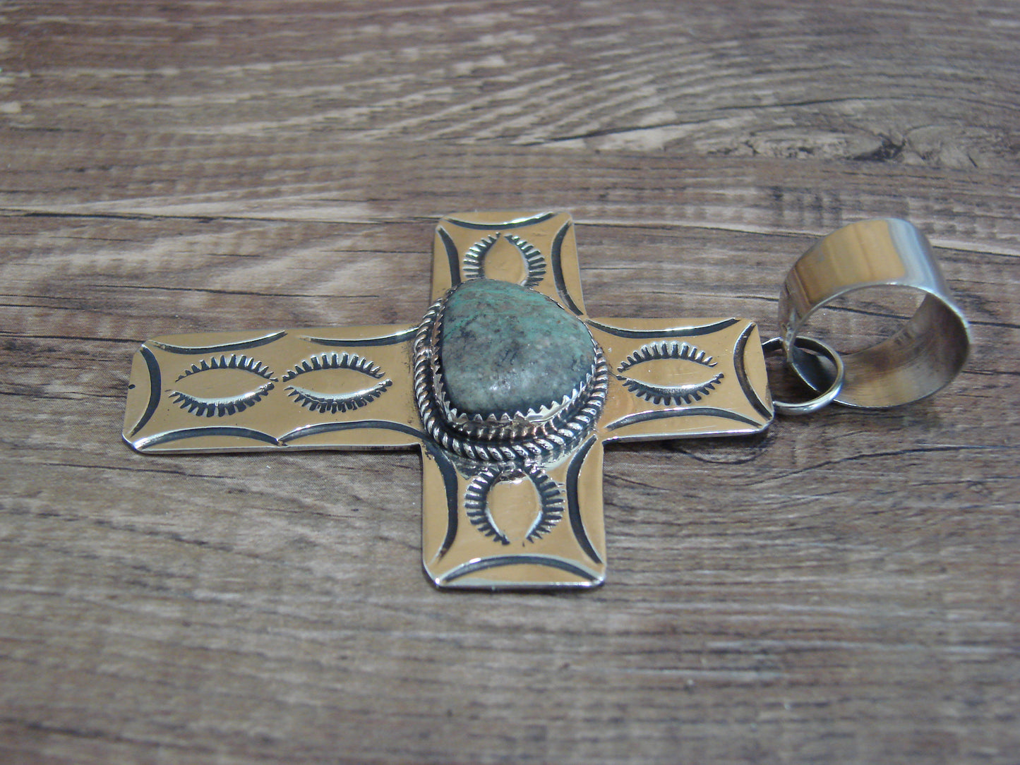 Large Navajo Nickel Silver & Turquoise Cross Pendant - Cleveland