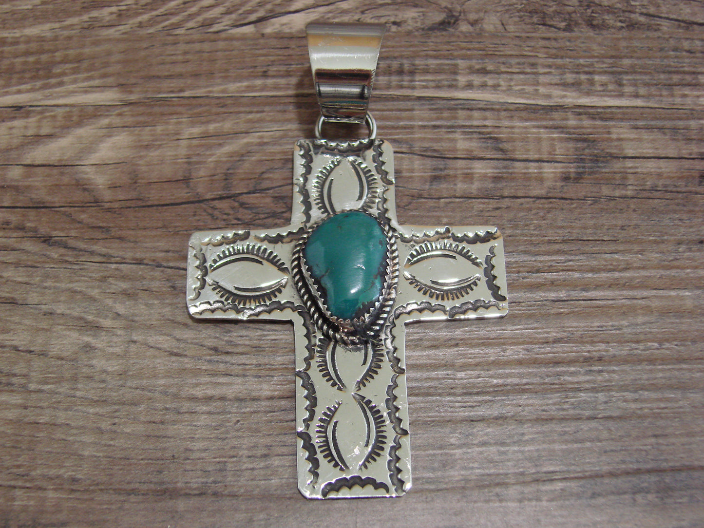 Large Navajo Nickel Silver & Turquoise Cross Pendant - Cleveland