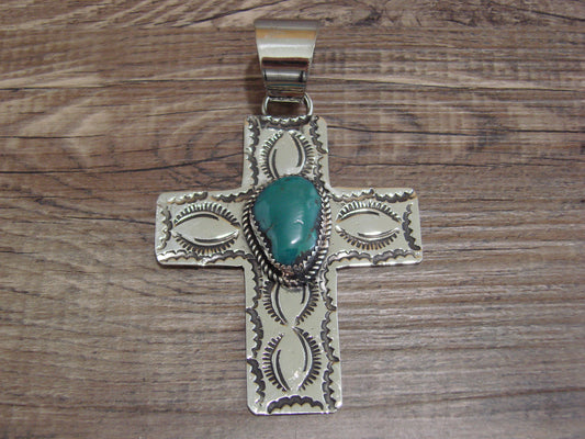 Large Navajo Nickel Silver & Turquoise Cross Pendant - Cleveland