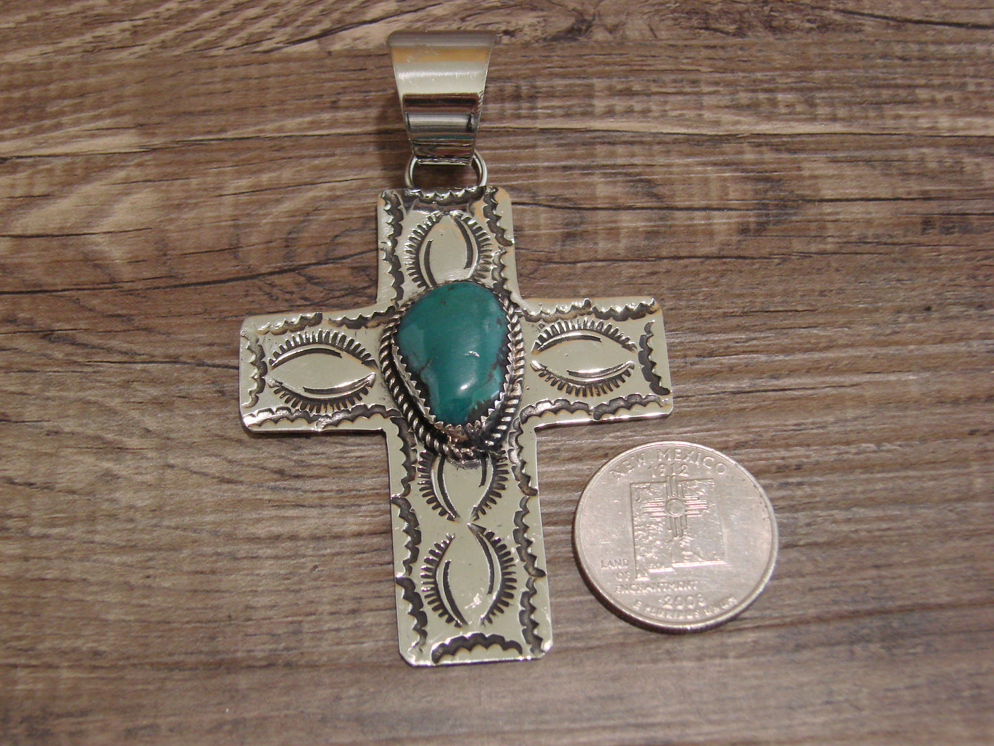 Large Navajo Nickel Silver & Turquoise Cross Pendant - Cleveland