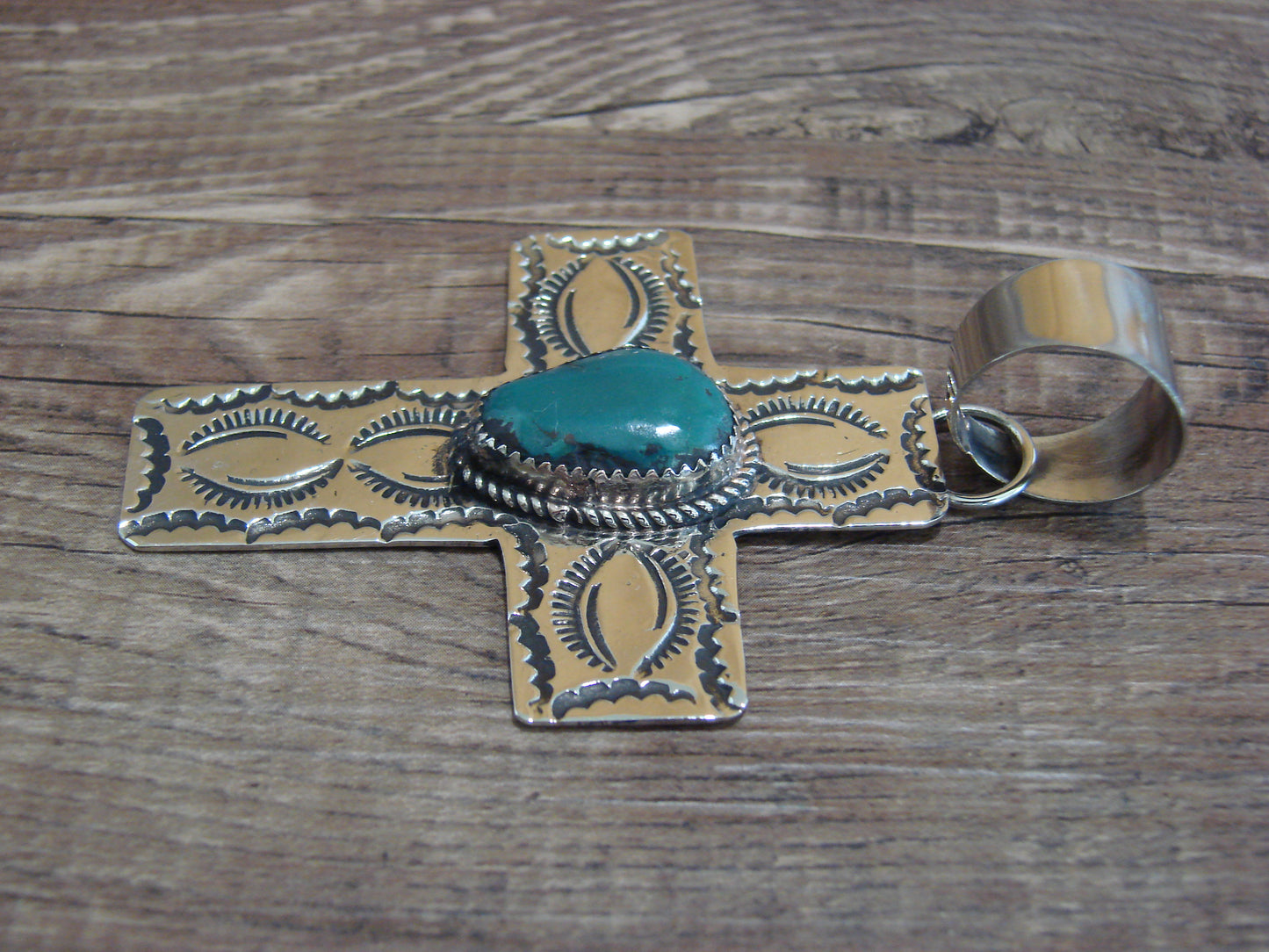 Large Navajo Nickel Silver & Turquoise Cross Pendant - Cleveland