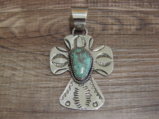Navajo Nickel Silver & Turquoise Cross Pendant - Cleveland