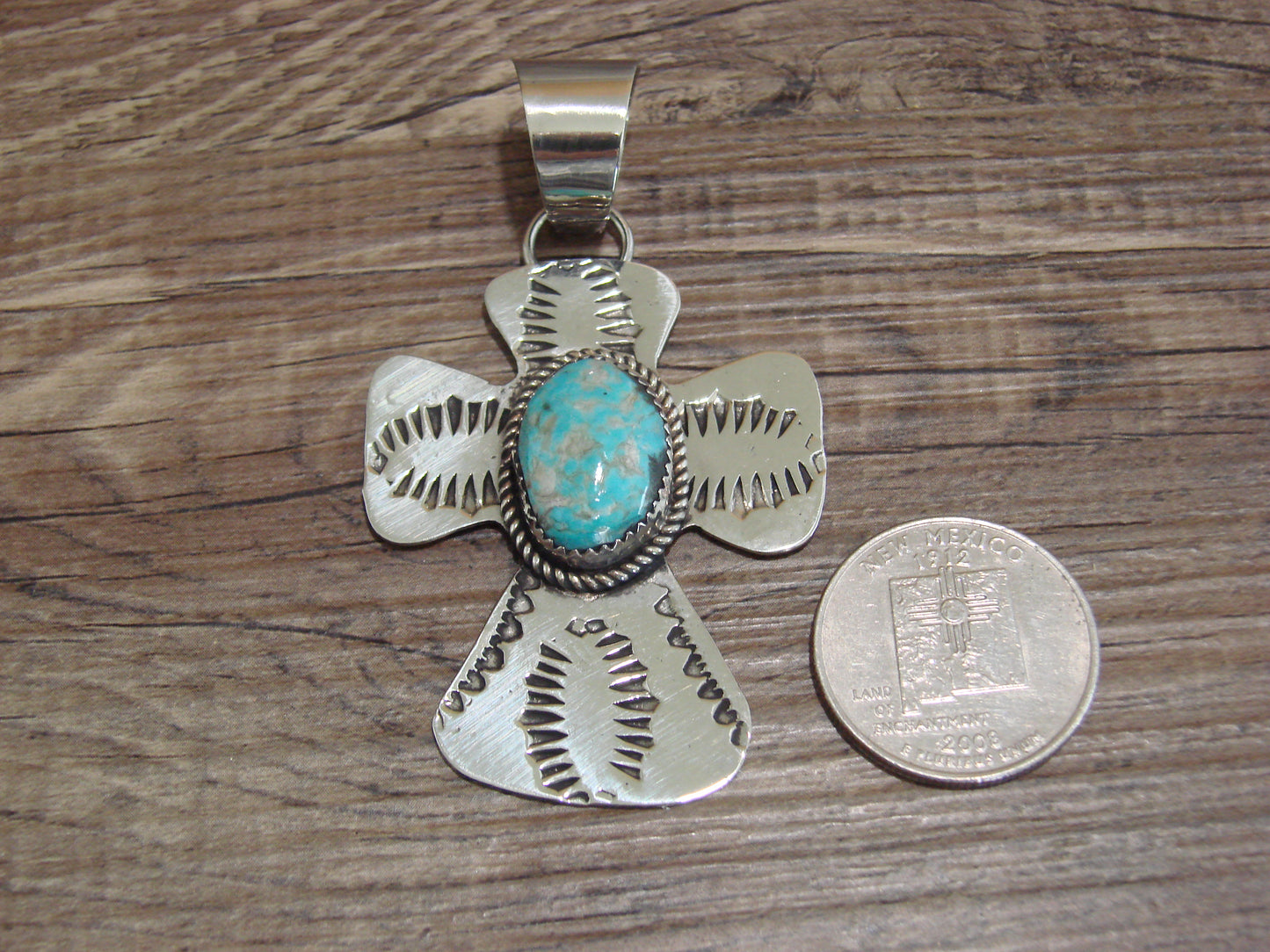 Navajo Nickel Silver & Turquoise Cross Pendant - Cleveland