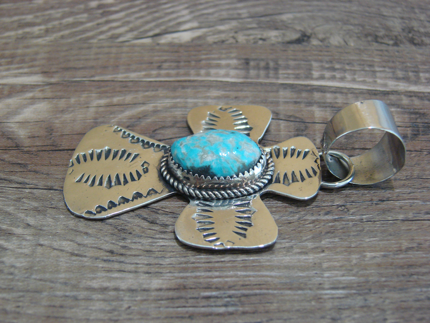 Navajo Nickel Silver & Turquoise Cross Pendant - Cleveland