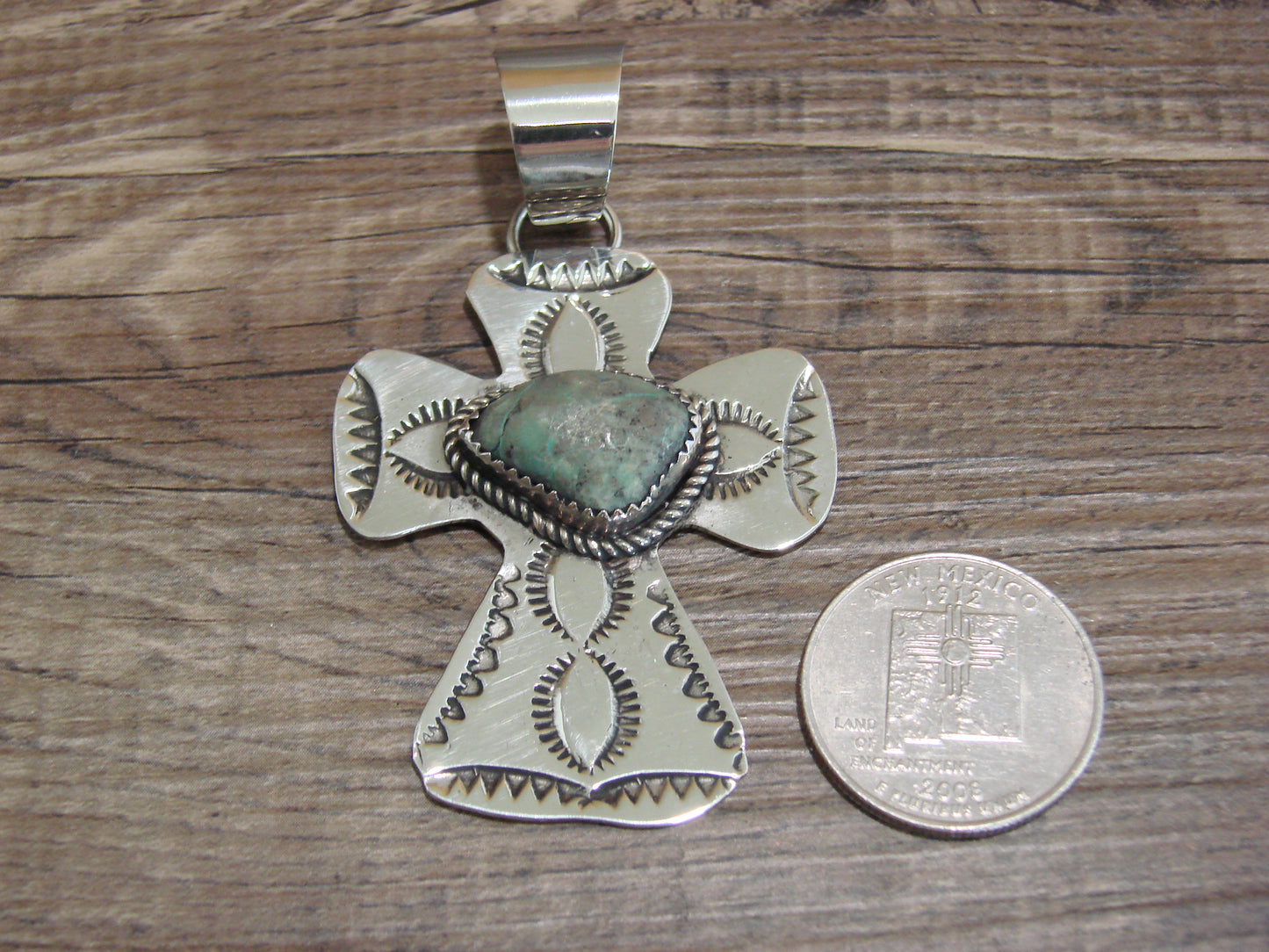 Navajo Nickel Silver & Turquoise Cross Pendant - Cleveland