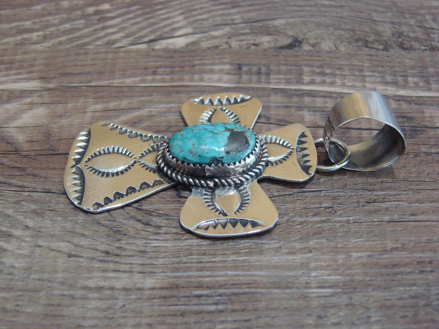 Navajo Nickel Silver & Turquoise Cross Pendant - Cleveland