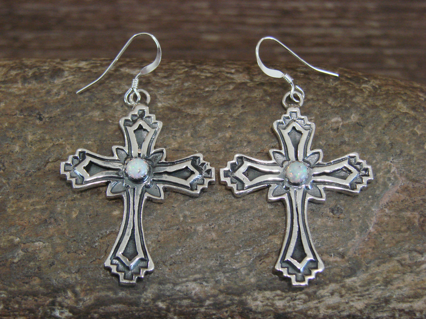 Navajo Indian Sterling Silver White Opal Cross Earrings by  L. Joe
