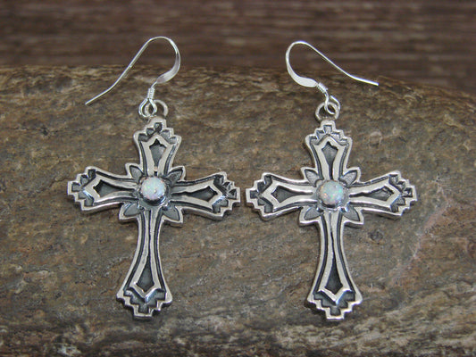 Navajo Indian Sterling Silver White Opal Cross Earrings by  L. Joe