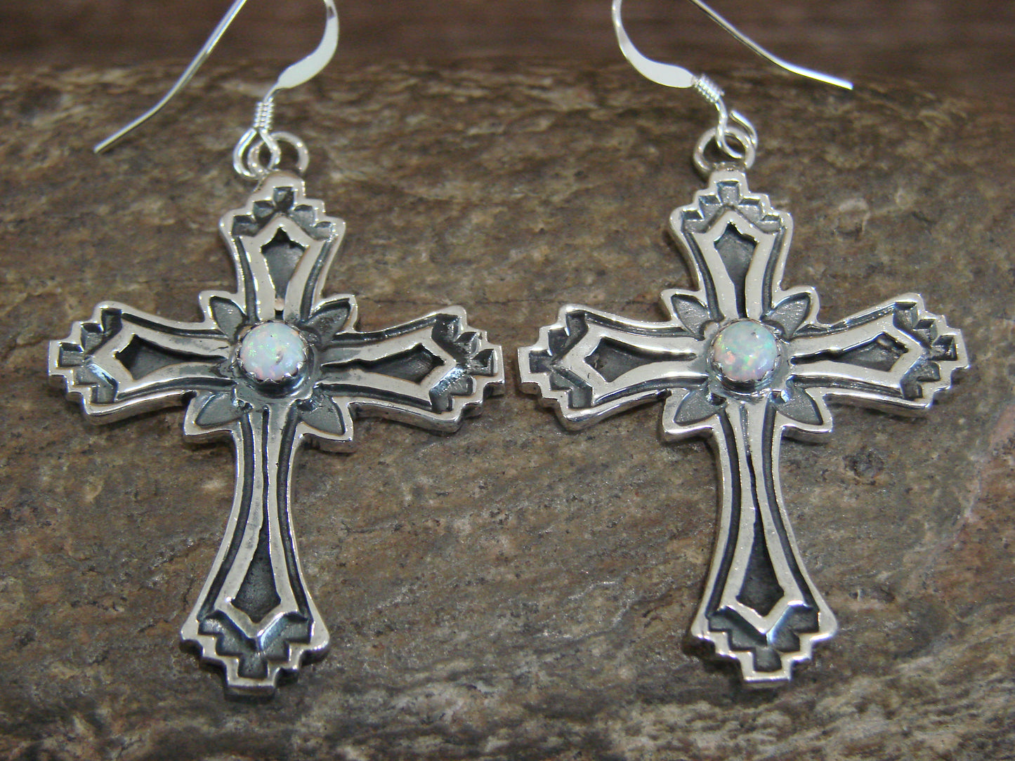 Navajo Indian Sterling Silver White Opal Cross Earrings by  L. Joe