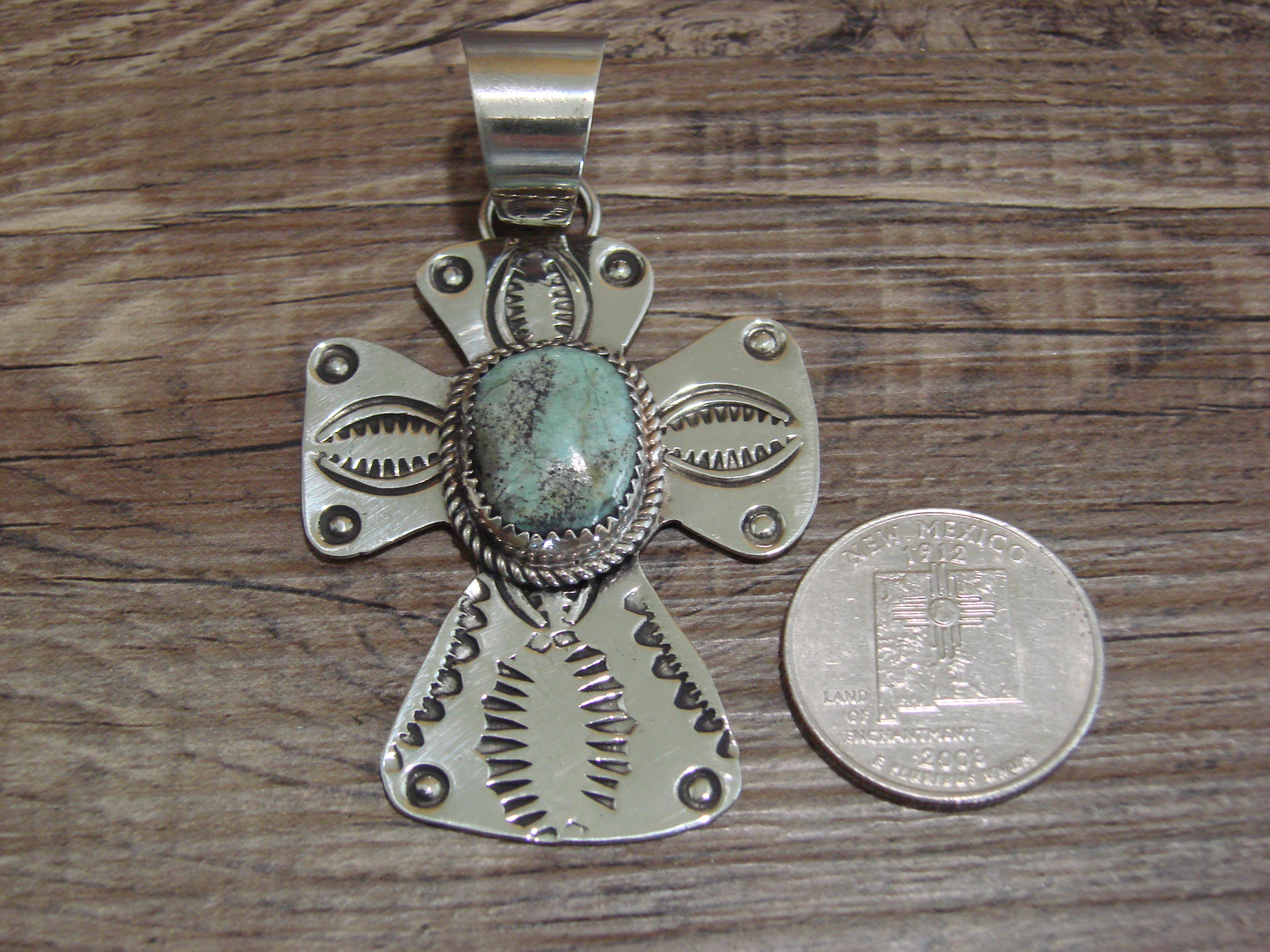 Navajo Nickel Silver & Turquoise Cross Pendant - Cleveland