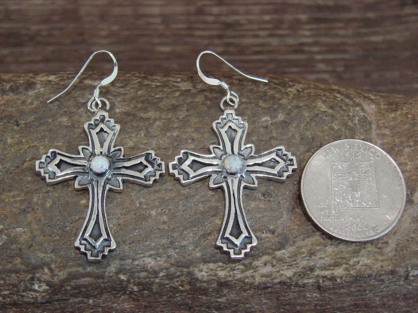 Navajo Indian Sterling Silver White Opal Cross Earrings by  L. Joe