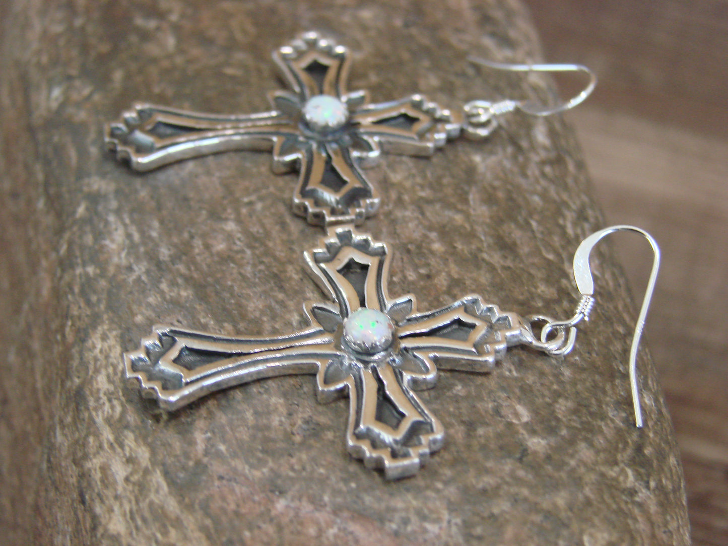 Navajo Indian Sterling Silver White Opal Cross Earrings by  L. Joe