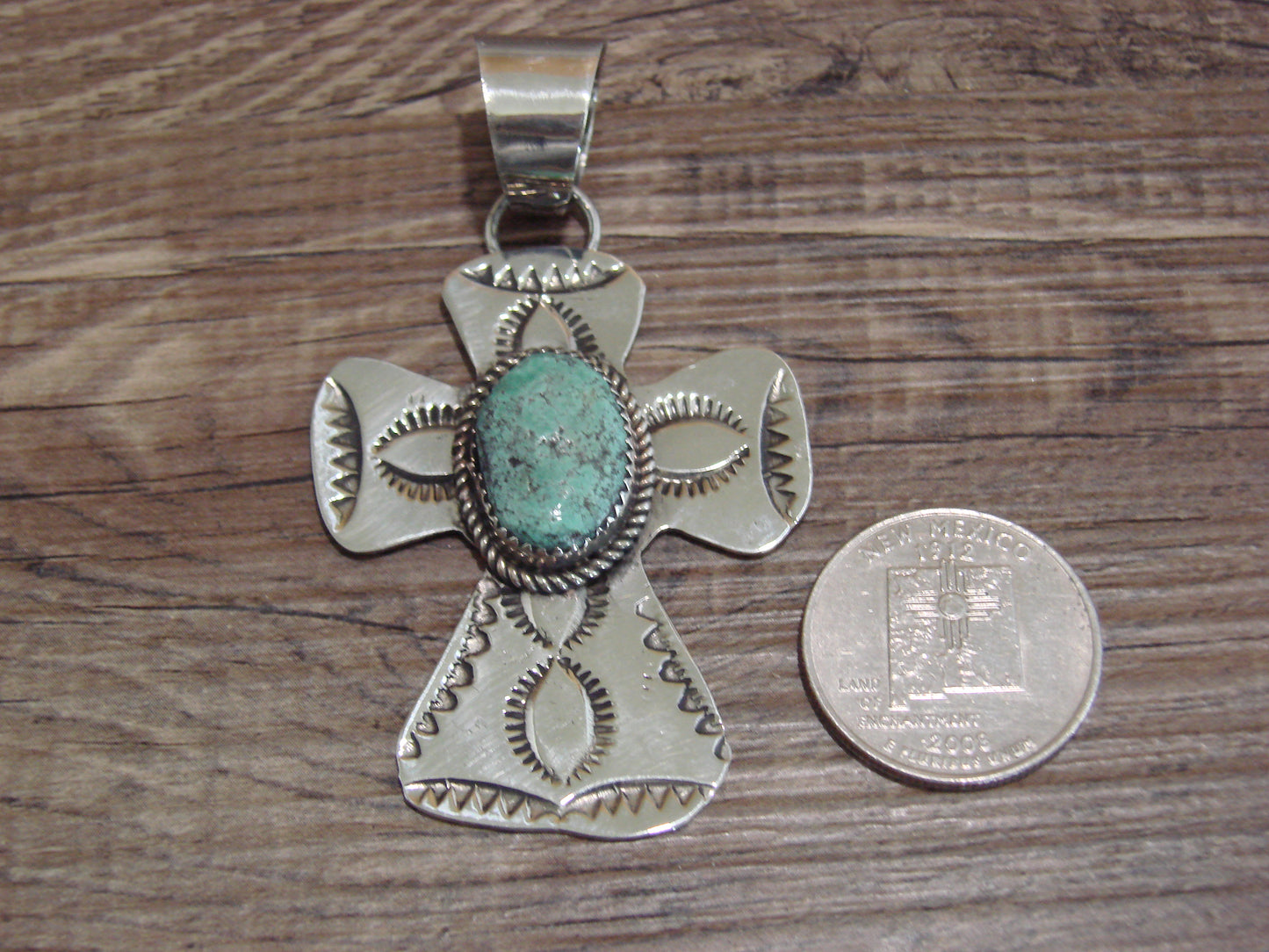 Navajo Nickel Silver & Turquoise Cross Pendant - Cleveland