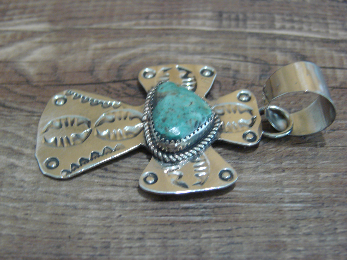 Navajo Nickel Silver & Turquoise Cross Pendant - Cleveland