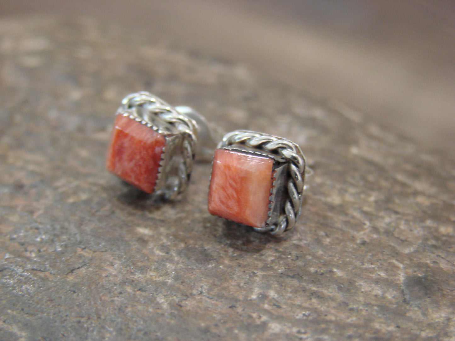 Native American Sterling Silver Square Spiny Oyster Post Earrings - Cachini