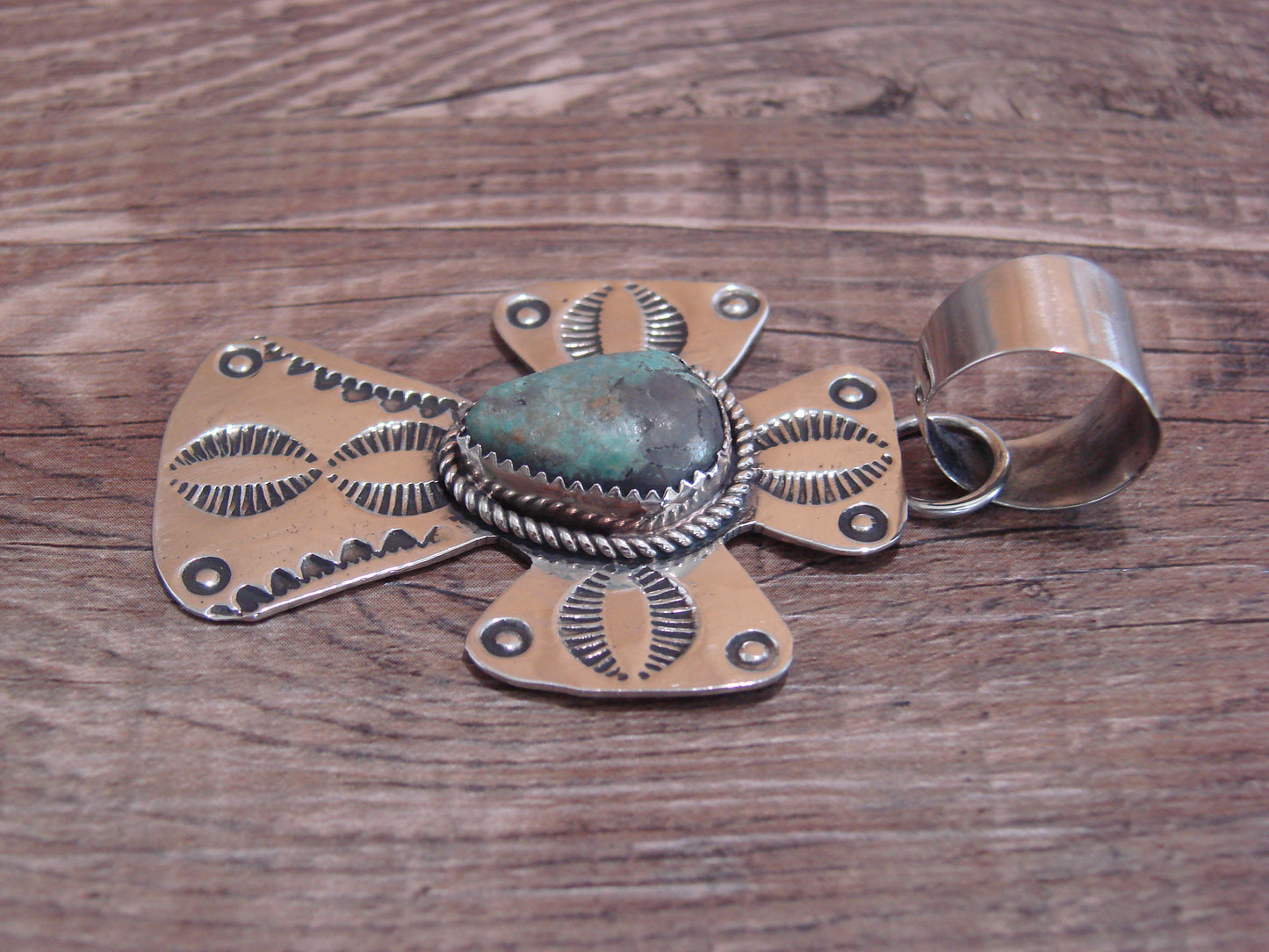 Navajo Nickel Silver & Turquoise Cross Pendant - Cleveland
