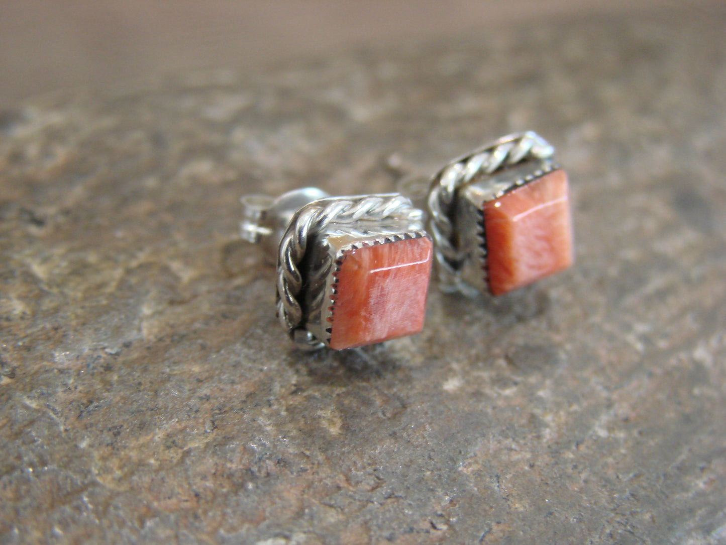 Native American Sterling Silver Square Spiny Oyster Post Earrings - Cachini