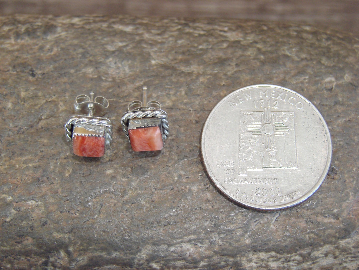 Native American Sterling Silver Square Spiny Oyster Post Earrings - Cachini